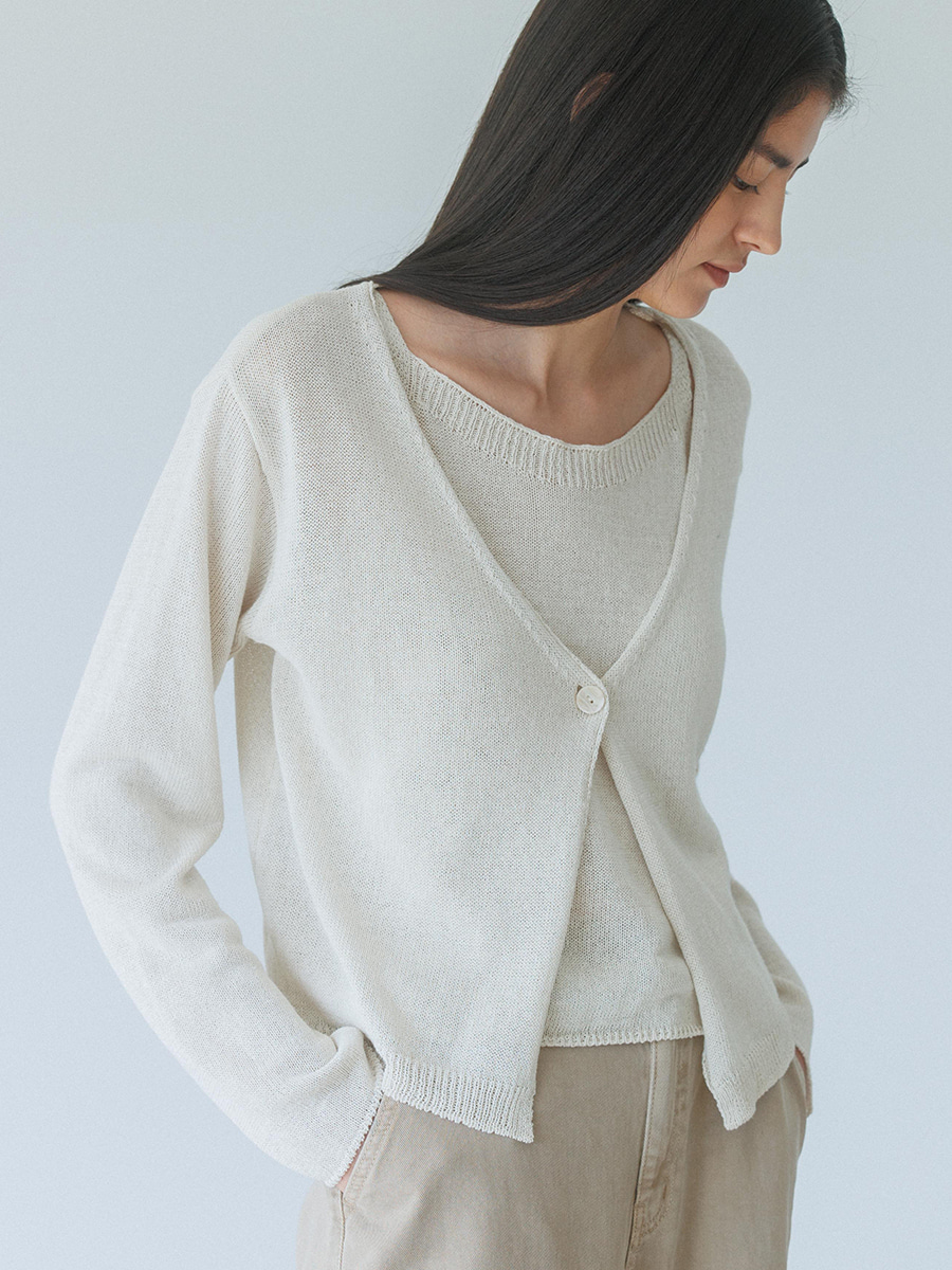 ONE BUTTON DEEP V-NECK CARDIGAN_Oatmeal
