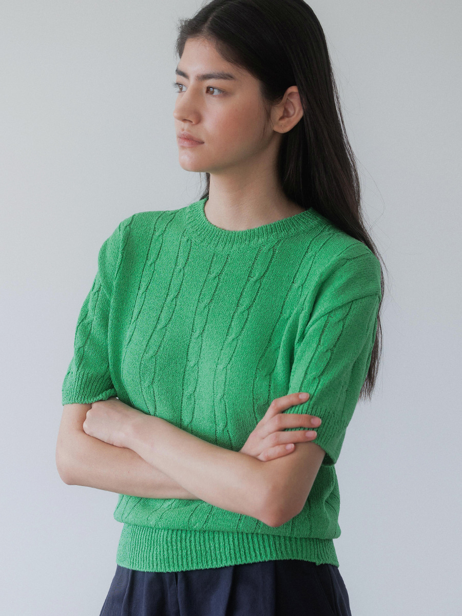 [WOMAN] LINEN CABLE SHORT SLEEVE KNIT TOP_Green