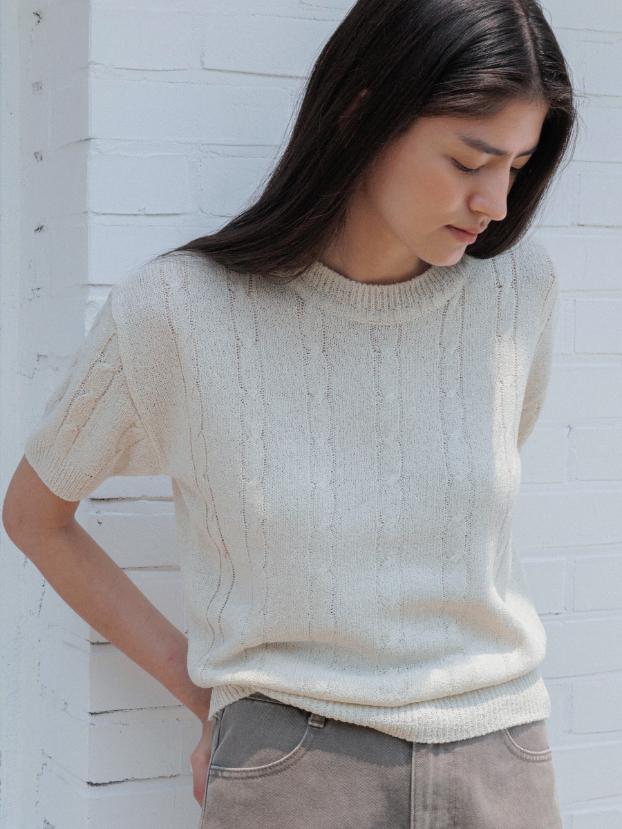 [WOMAN] LINEN CABLE SHORT SLEEVE KNIT TOP_Natural