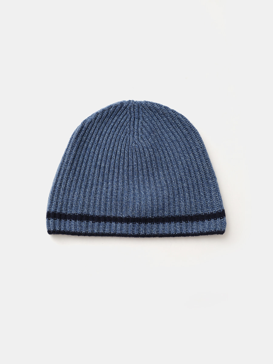 WOOL COTTON RIBBED LINE BEANIE_Blue