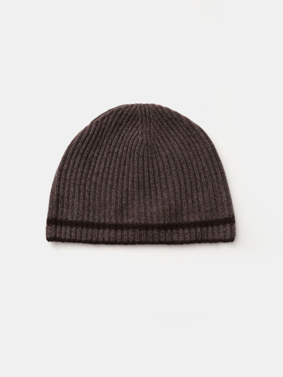 WOOL COTTON RIBBED LINE BEANIE_Brown